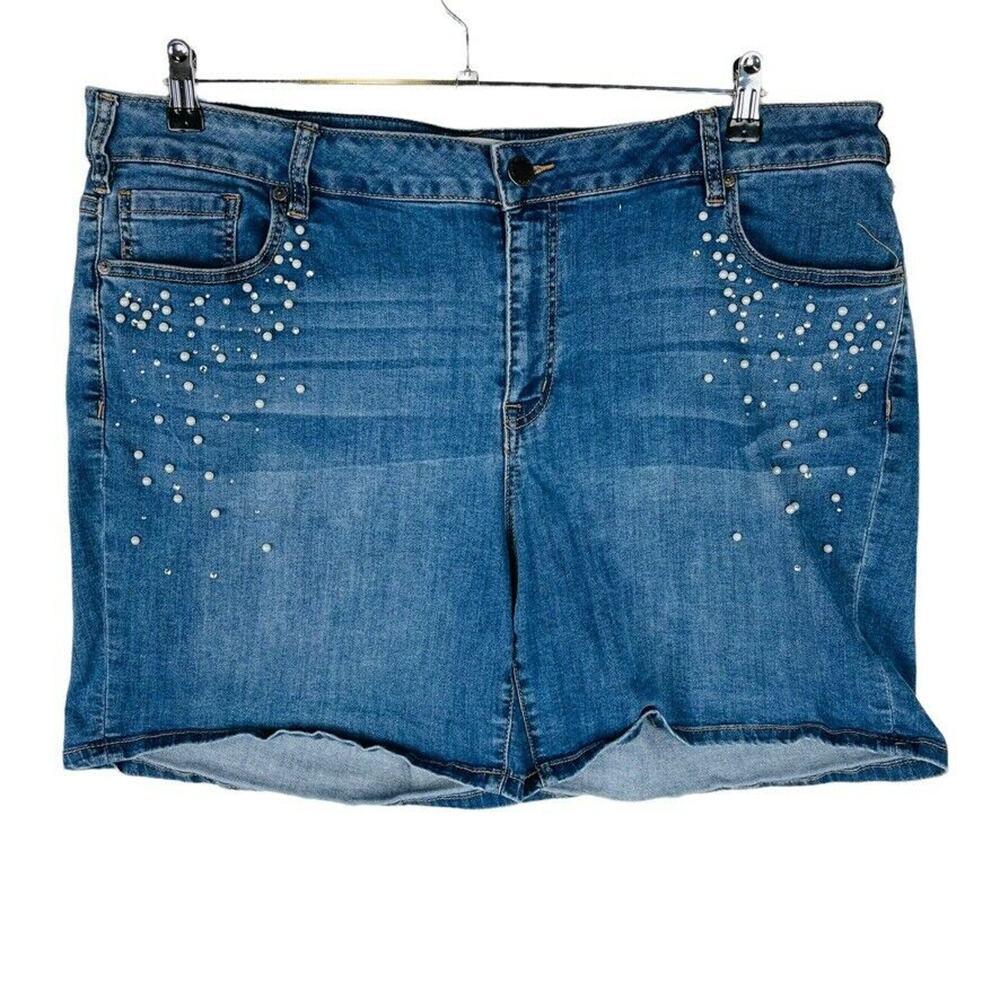 Lane Bryant Womans Sz 22 Plus Shorts Girlfriend Denim Stretch Mid Rise Pearls